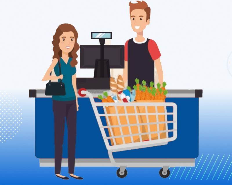 A cashier serving a customer at a checkout counter, illustrating the Logon Invoice point of sale system.