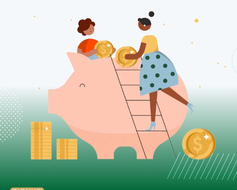 Two savers dropping coins into a piggy bank, illustrating the Logonvoice SS savings and susu system.